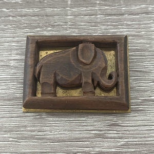 Vintage Hand Carved Wood Elephant Brooch Trunk Up On Brass Backing